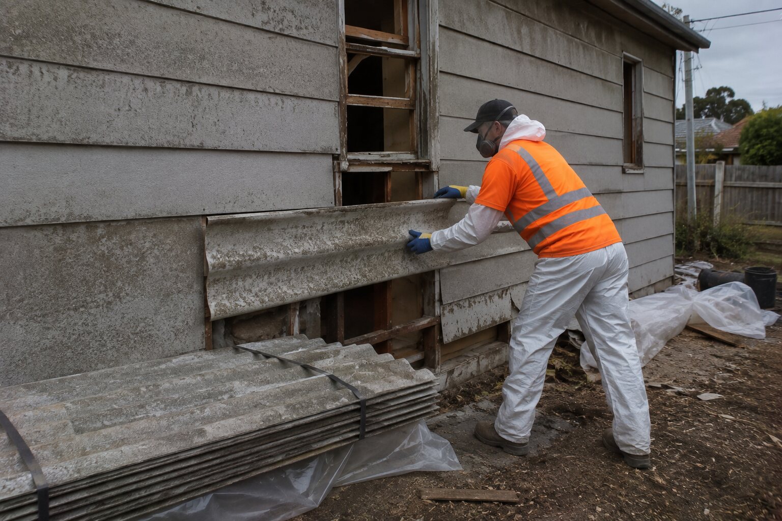 A licensed removalist in coveralls and a respirator taking asbestos cement sheeting off a weatherboard house