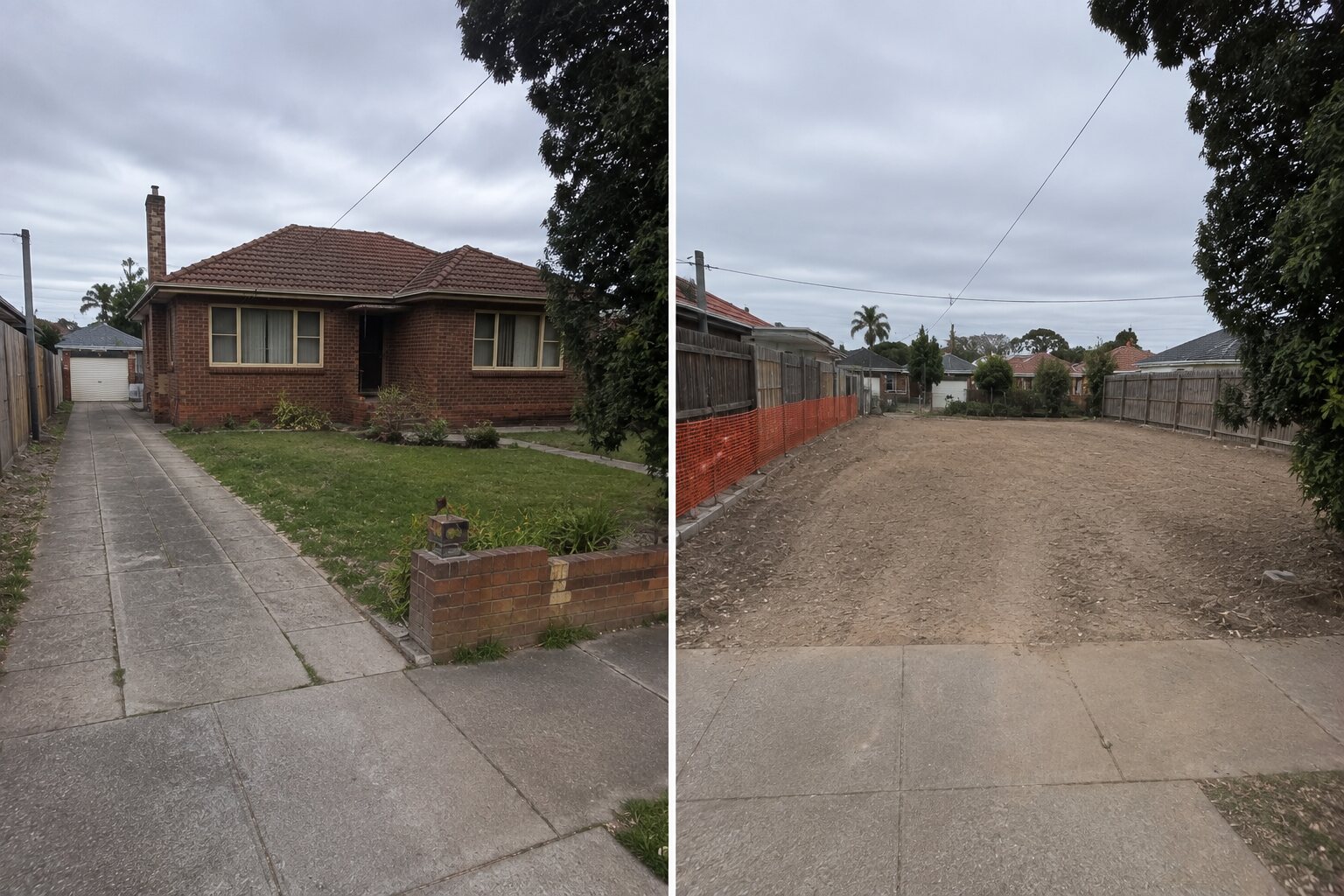 Brick home → cleared, ready for the slab — before on the left, after on the right