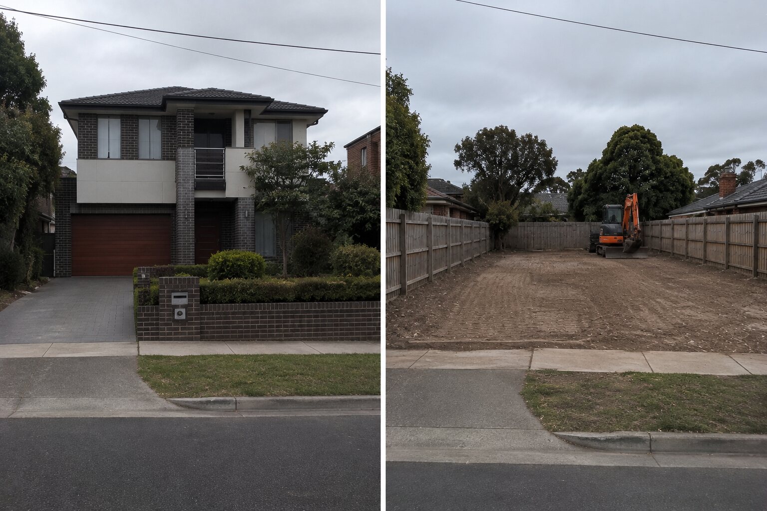 Double-storey knock-down → level block — before on the left, after on the right