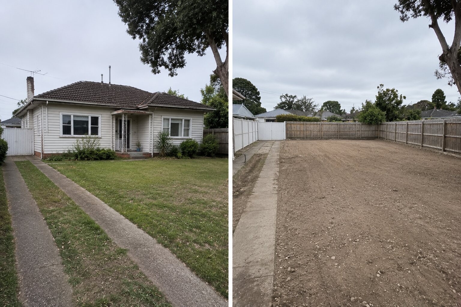 Weatherboard home → cleared, level block — before on the left, after on the right