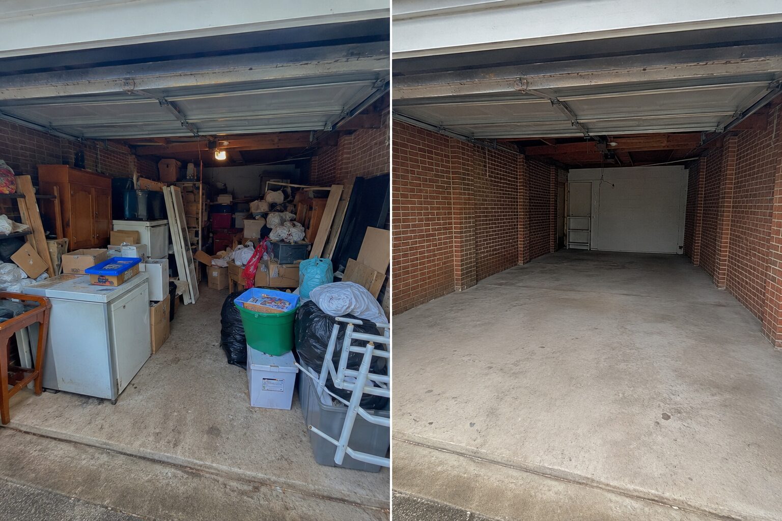 Garage cleared, floor swept — before on the left, after on the right