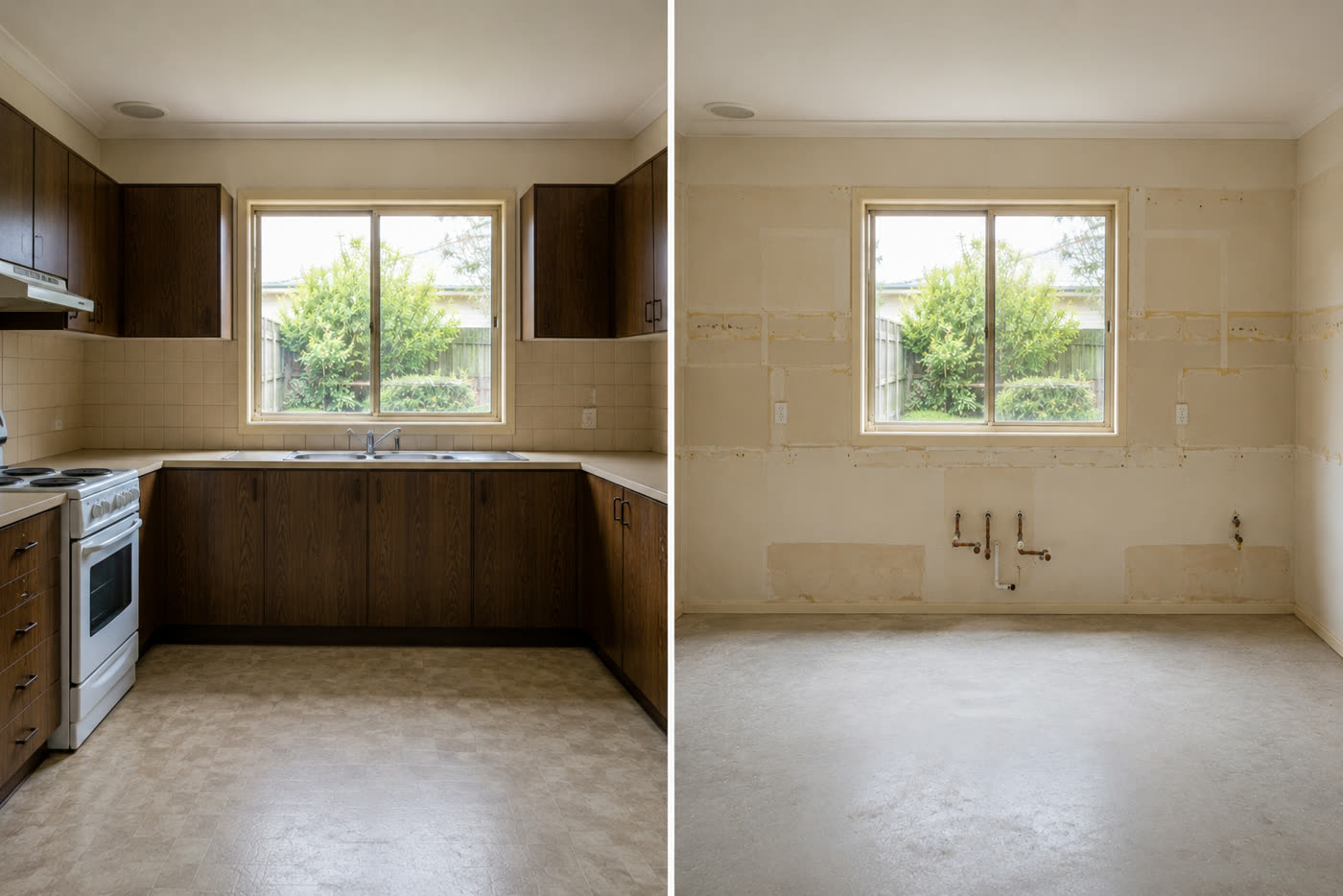 Kitchen strip out, before and after
