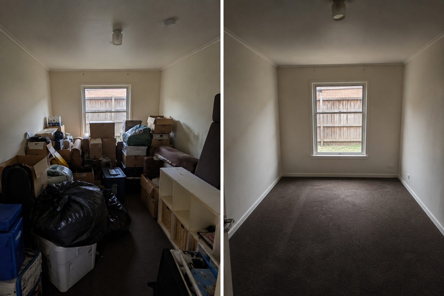Whole room cleared out — before on the left, after on the right