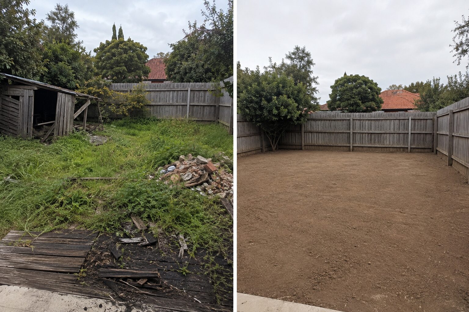 Yard and old shed cleared — before on the left, after on the right