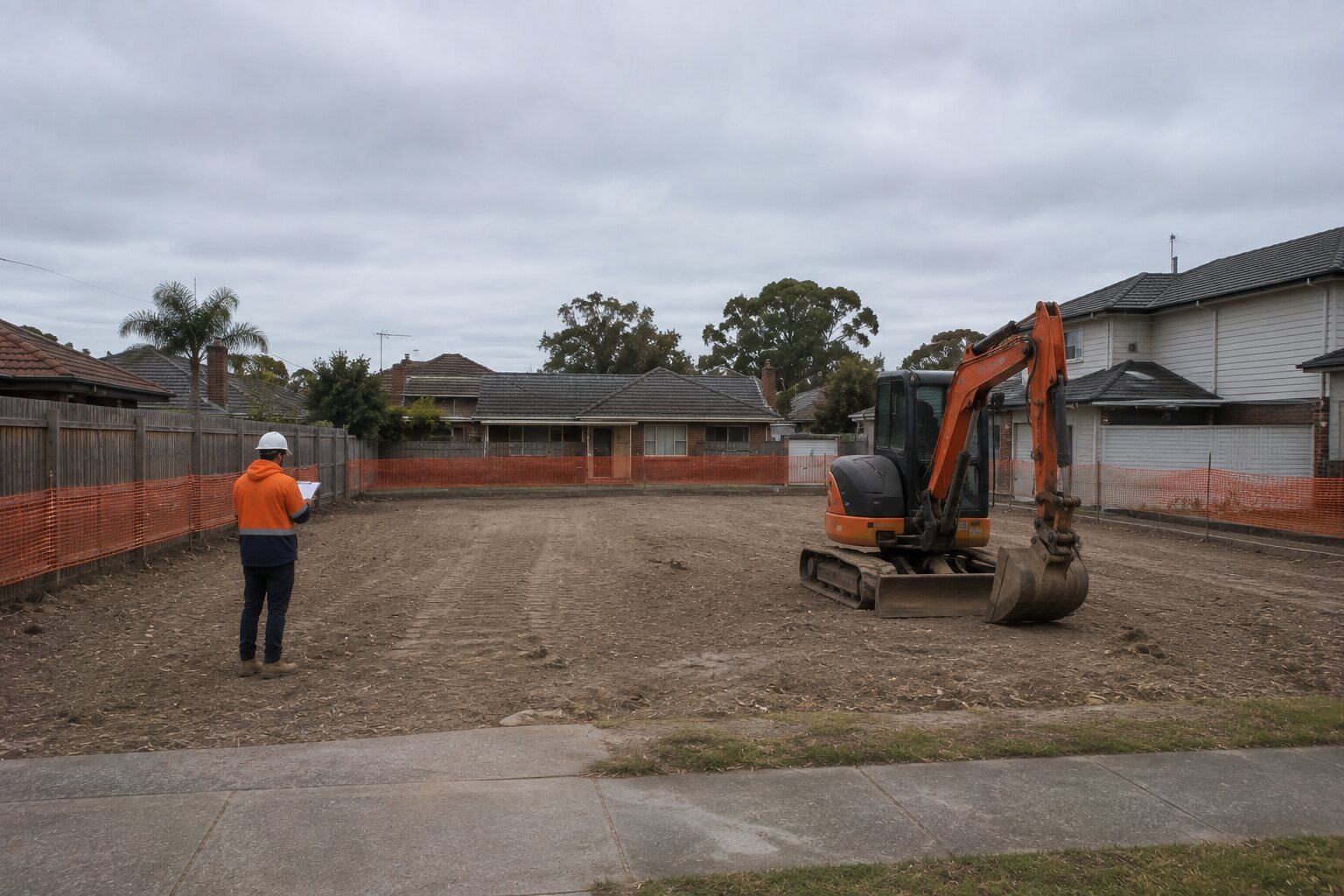 A cleared, level block fenced off and ready for the builder, with the excavator parked to one side