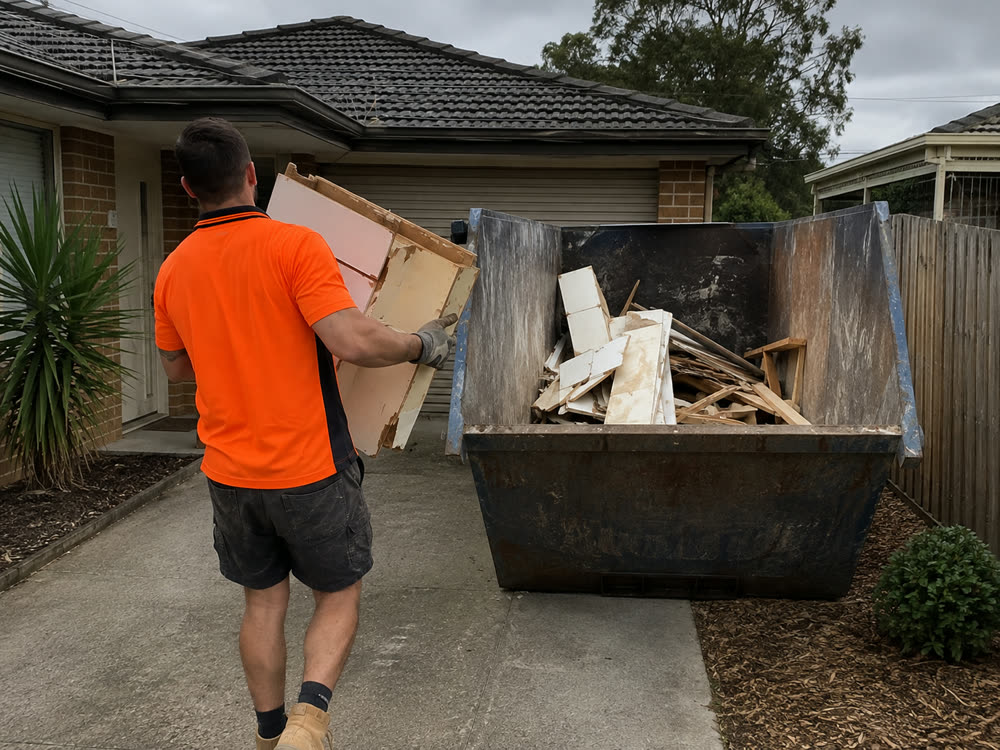 A Demo Bros crew member in hi-vis carrying material out to the bin on a Melbourne driveway