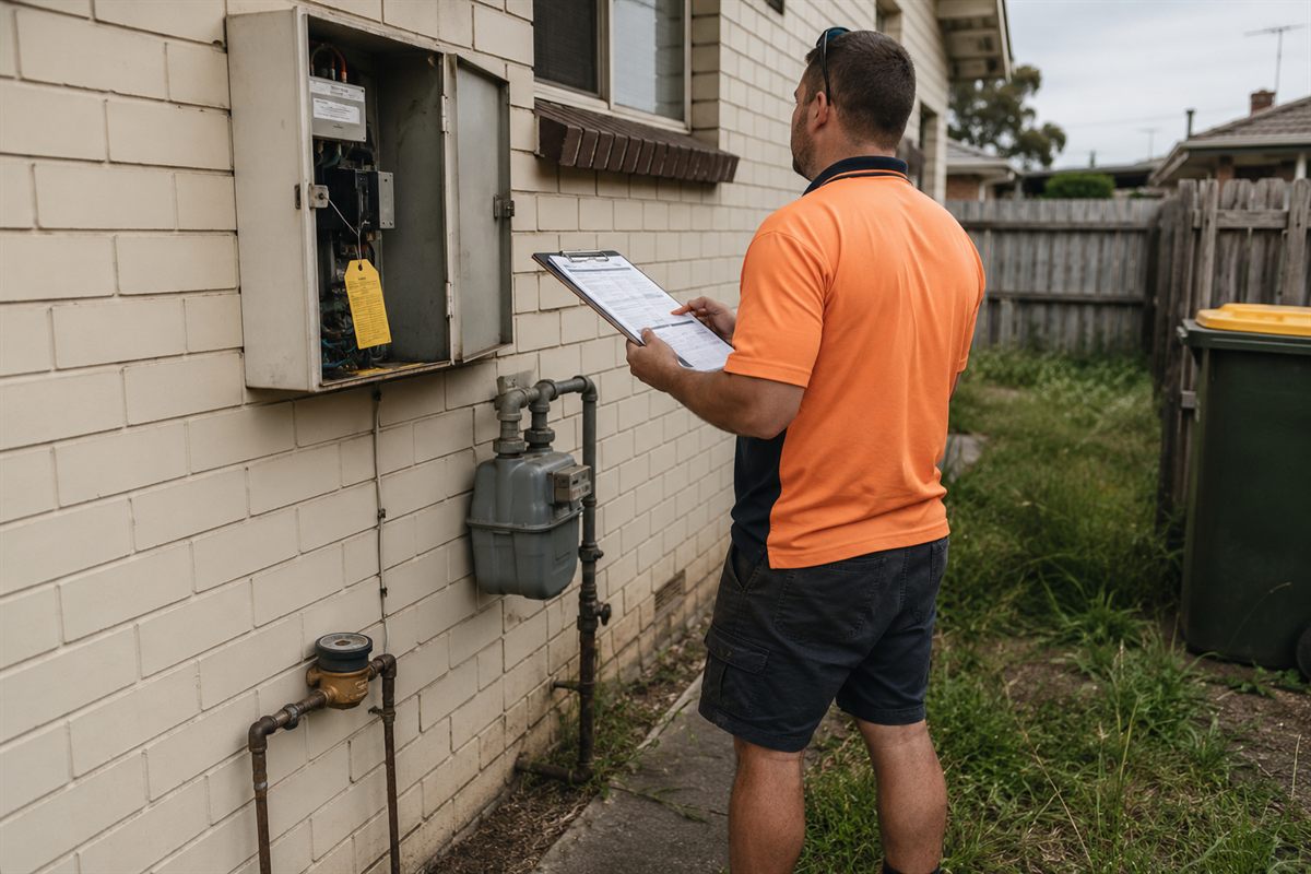 A Demo Bros supervisor checking a permit form against the electricity, gas and water meters on the side of a Melbourne house, the main fuse pulled and tagged